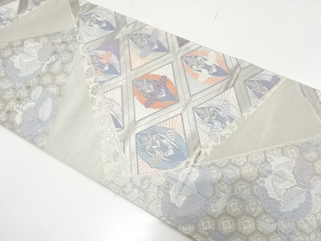 JAPANESE KIMONO / ANTIQUE FUKURO OBI / SILK / PLATINUM FOIL / WOVEN CRANES & PAULOWNIA & ARABESQUE